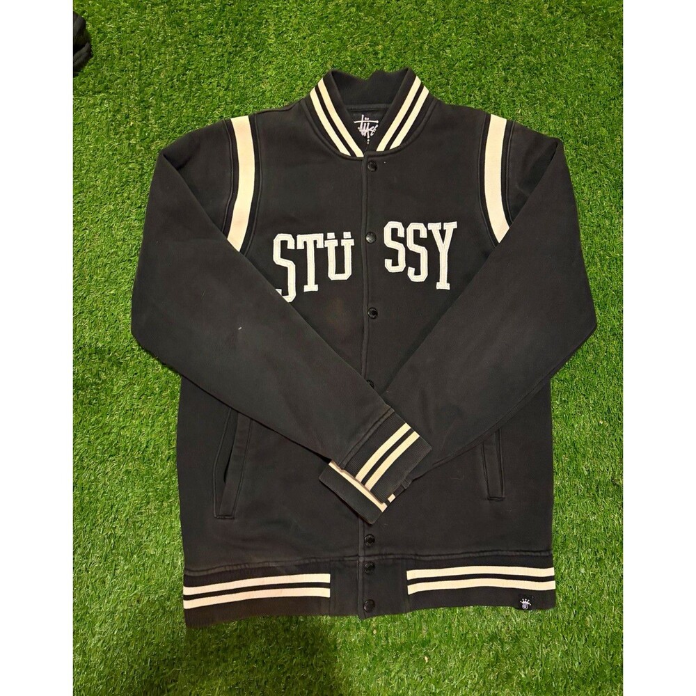 vintage Stussy Men's Black Varsity Jacket L Button Front Logo Stand-Up Collar
